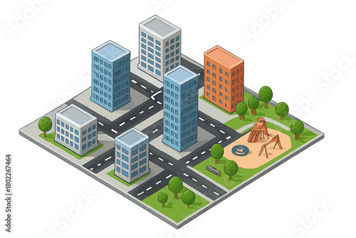 Isometric city block with apartment buildings and public playground