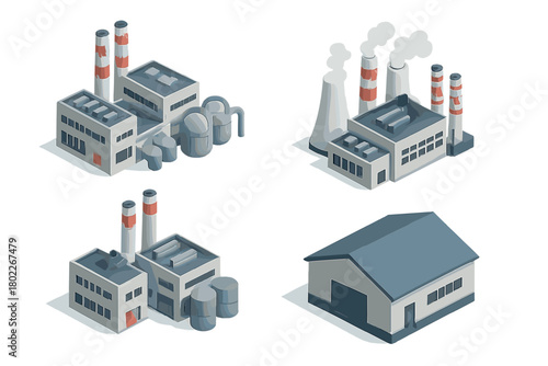 Isometric icons of industrial factory and warehouse buildings