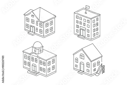 Isometric outline set of four distinct public and residential structures