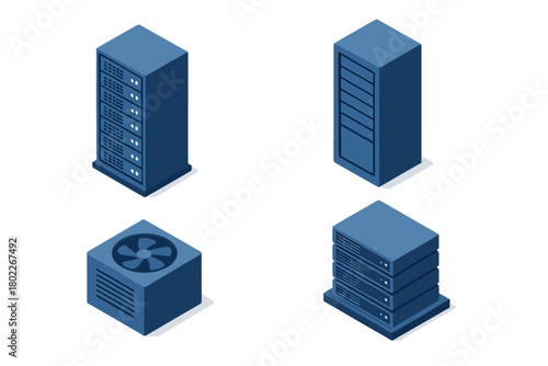 Isometric icons of blue server racks and data center cooling equipment