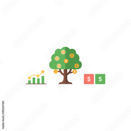Money tree grows beside rising graph and dollar signs, symbolizing financial growth and investment success in a clean, minimalist style.