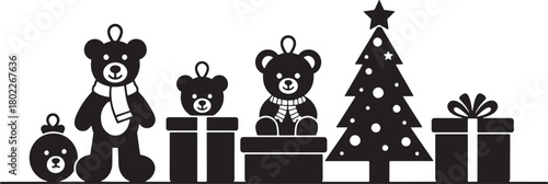 Christmas ornament set with teddy bears gifts and christmas tree illustration