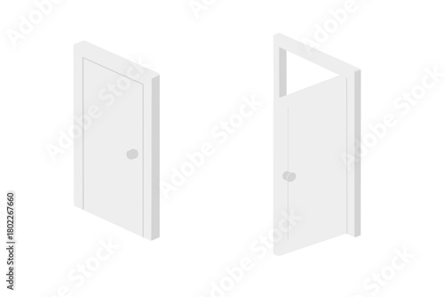 Isometric set of white interior doors closed and partially open