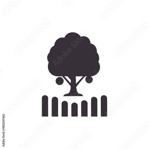 Stylized tree with fruit stands behind a picket fence, creating a simple and clean naturethemed image suitable for various creative projects.
