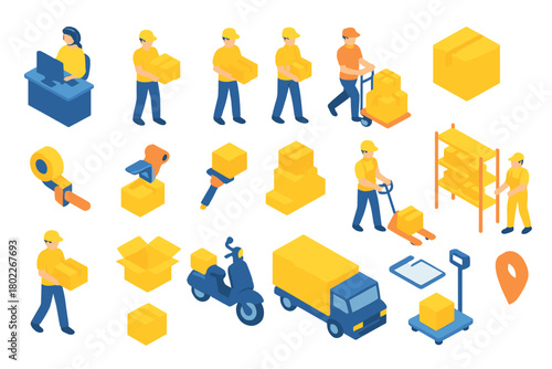 Isometric icons for logistics and delivery service operations