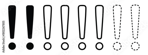 Exclamation point symbols set. Solid, outline, and dashed forms on white