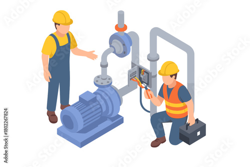 Two workers repairing industrial water pump and electrical panel isometric view