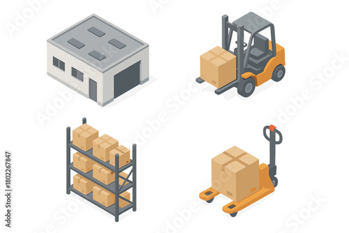 Isometric icons set for warehouse logistics featuring storage building forklift and pallet jack