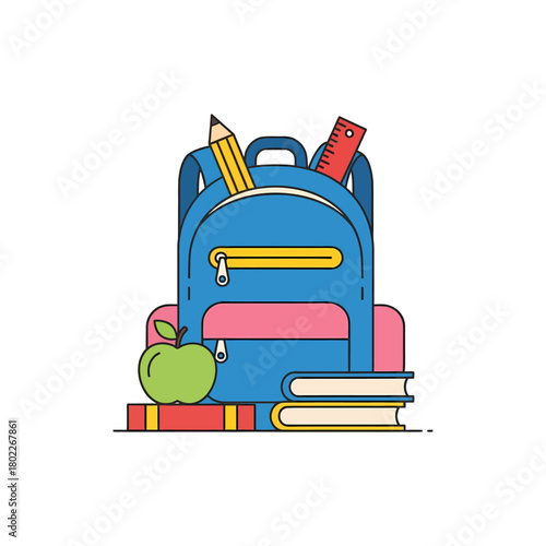 Blue backpack filled with school supplies sitting on books with an apple, representing education and learning for students going back to school.