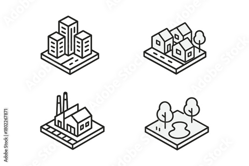 Isometric icons representing diverse urban and suburban landscape elements