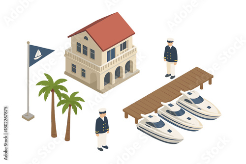 Isometric tropical marina with luxury yachts and uniformed staff