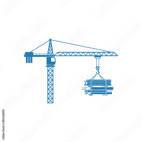 Construction crane lifts steel pipes at a building site, showcasing industrial activity and engineering prowess in a modern setting.