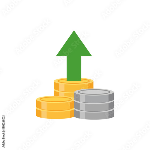 Coins stack upwards with green arrow indicating financial growth and investment success on white backdrop, symbolizing prosperity and positive returns.