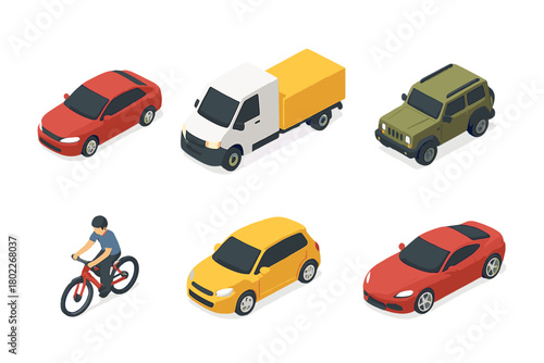 Isometric set of diverse vehicles and a cyclist on white background