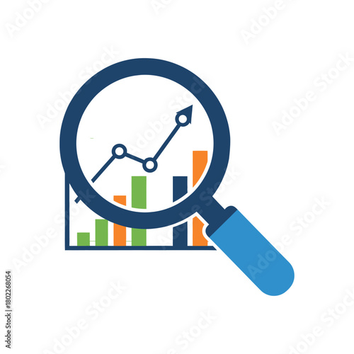 Magnifying glass analyzes bar graph showing upward trend in business report, representing growth and success in corporate finance, with a positive outlook.