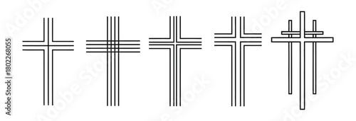 Five black Christian crosses symbol set, religious outline cross with transparent background