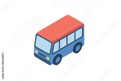 Isometric view of small passenger bus with blue body and red roof