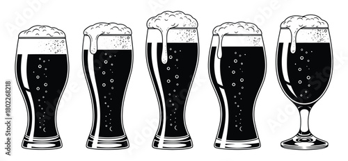 Five Tall Glasses of Dark Beer with Bubbles and Foam in Black and White Style