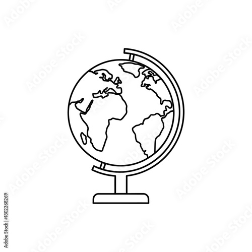 Simple globe outline showing continents sitting on stand represents geography and exploration in minimalist style.
