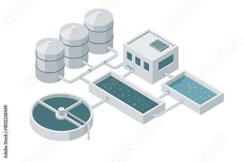 Isometric diagram of industrial water treatment facility components and piping