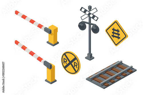 Isometric collection of railroad crossing safety equipment icons