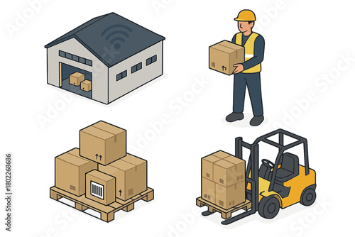 Isometric icons set for logistics and warehouse management with worker and machinery