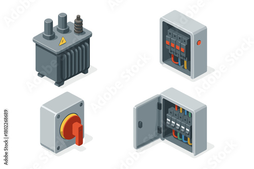 Isometric electrical equipment set featuring transformer and circuit breakers