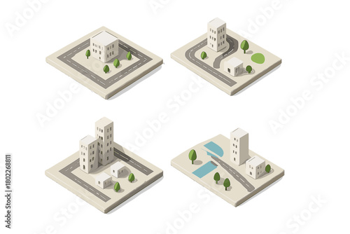Isometric urban blocks with buildings roads and green trees