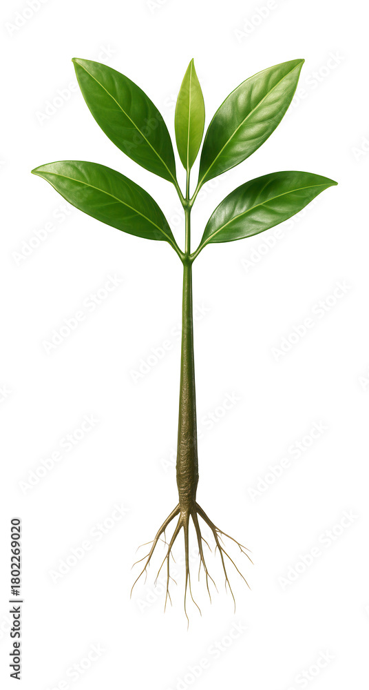 Fototapeta premium Mangrove seedling featuring long green leaves and thin roots.