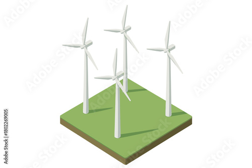 Four white wind turbines on green land in isometric perspective