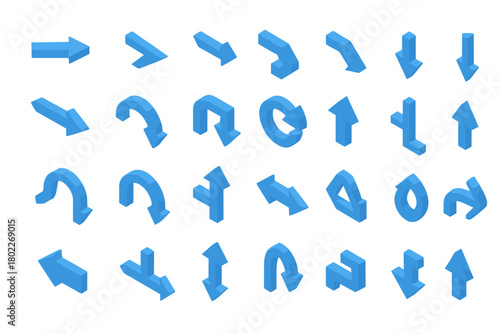 Collection of blue isometric 3D arrows showing various directions and turns