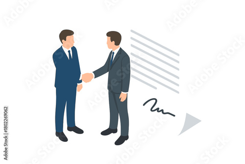 Business professionals concluding a deal with a handshake over signed document