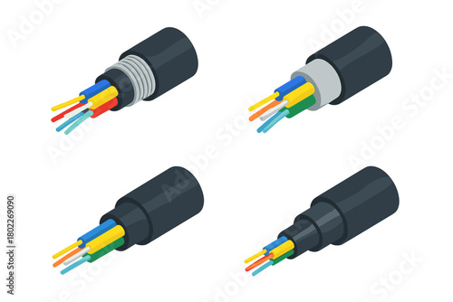 Isometric cross section views of fiber optic cable internal structures