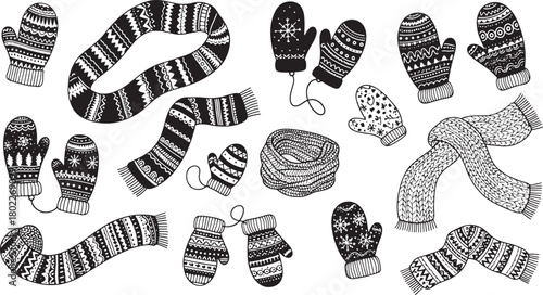 Collection of winter scarfs and mittens with diverse monochrome patterns
