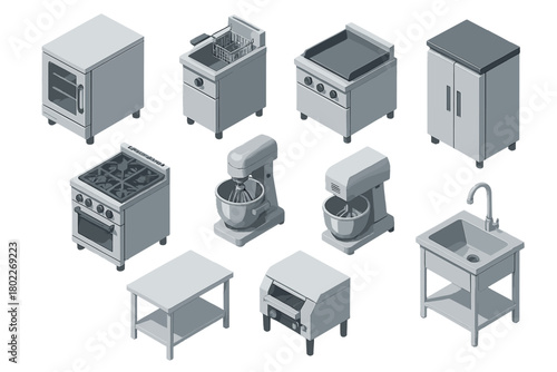 Isometric stainless steel commercial kitchen equipment appliances set