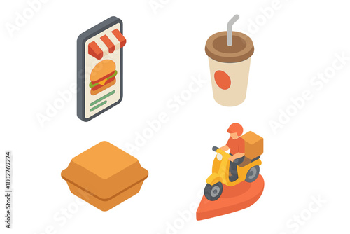 Isometric icons for fast food ordering and delivery service process