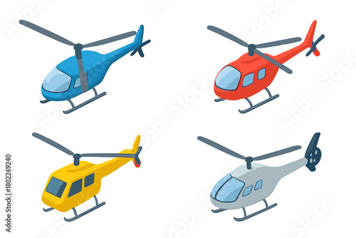 Four colorful cartoon helicopters in isometric perspective