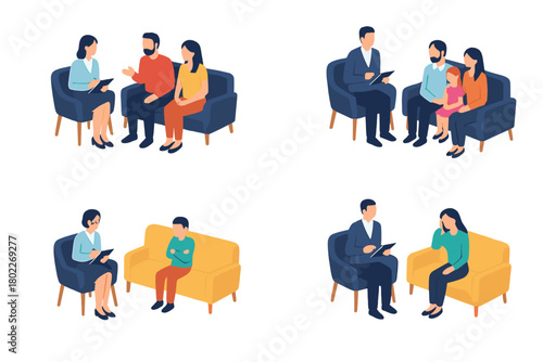 Isometric scenes of people in therapy and mental health counseling sessions