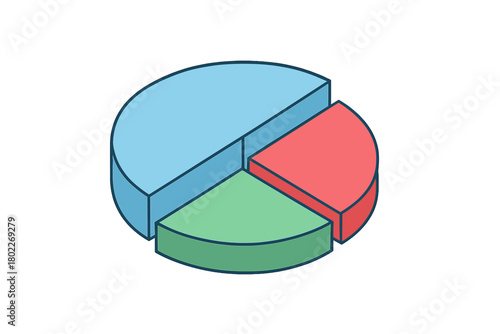 Isometric 3D pie chart graphic with three segments and exploded slice