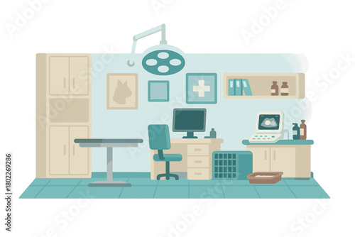 Modern veterinary clinic examination room interior with medical equipment