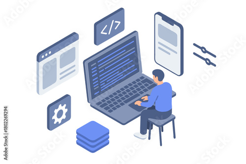 Isometric view of developer coding software application on modern laptop