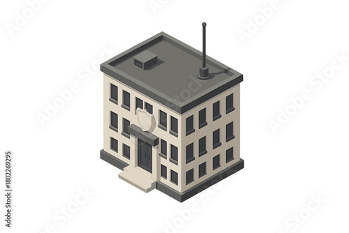 Isometric police station building with antenna and shield emblem