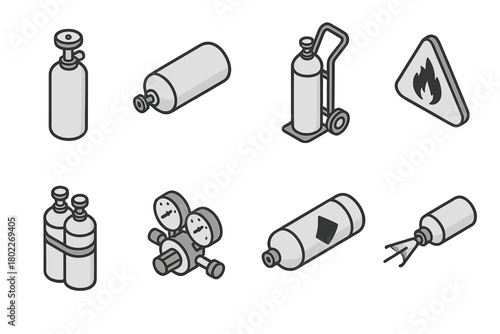 Isometric set of gas cylinders and compressed air equipment icons