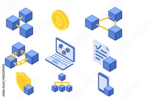 Isometric icons representing blockchain technology, cryptocurrency, and digital security concepts