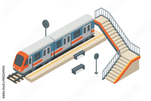 Isometric commuter train stopped at station platform with pedestrian overpass