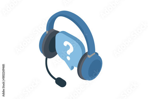 Isometric headset icon with question mark speech bubble symbol