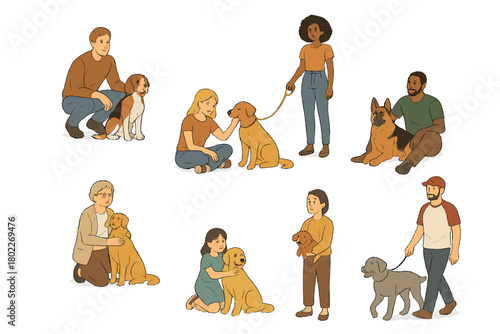 Diverse group of people interacting with various dogs and puppies