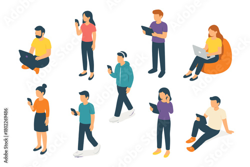 Isometric diverse group of people interacting with modern digital devices