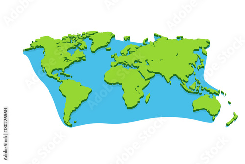 Isometric 3D world map continents floating above blue ocean surface