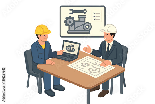 Professionals reviewing technical drawings for machinery maintenance and design